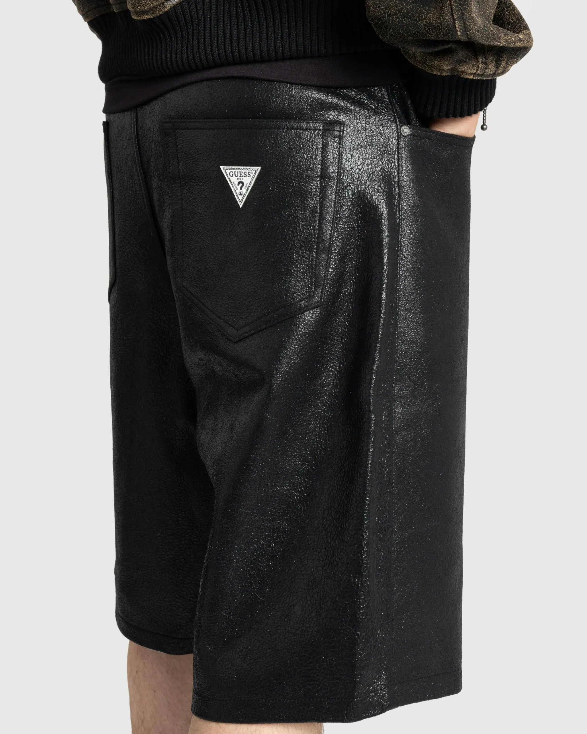 Flash Sale Guess USA Crackle Leather Shorts Jet Black Multi jtmu