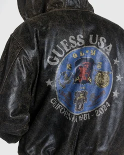 Fashion Guess USA Crackle Leather Zip Hoodie Amos Brown Multi amosbrownmulti