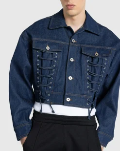 Shop Jean Paul Gaultier Denim Jacket With Lace Detail indigo
