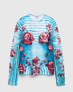 Discount Jean Paul Gaultier Jersey Long-Sleeve Top Printed Flower Body Morphing blue/red/white