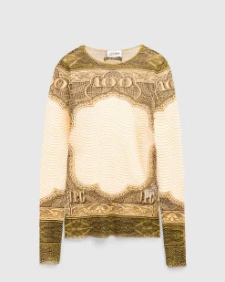 New Jean Paul Gaultier Long-Sleeve Mesh Top Printed Cartouche green/ecru/black/orange