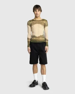 New Jean Paul Gaultier Long-Sleeve Mesh Top Printed Cartouche green/ecru/black/orange