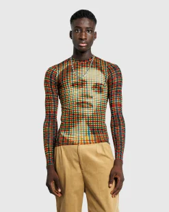 Outlet Jean Paul Gaultier Mesh Long-Sleeve Top Printed Tartan Face sepia/yellow/blue/red