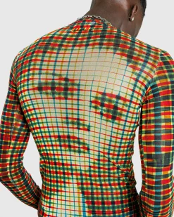 Outlet Jean Paul Gaultier Mesh Long-Sleeve Top Printed Tartan Face sepia/yellow/blue/red