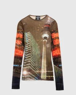 Cheap Jean Paul Gaultier Mesh Long-Sleeve Top Printed "City" brown/green/blue/red