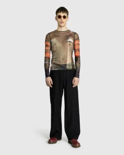 Cheap Jean Paul Gaultier Mesh Long-Sleeve Top Printed "City" brown/green/blue/red