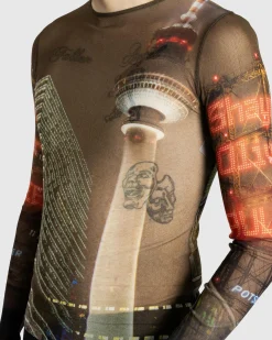 Cheap Jean Paul Gaultier Mesh Long-Sleeve Top Printed "City" brown/green/blue/red