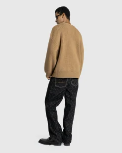 Shop Marine Serre MS Half Cardigan Knit Crewneck Sweater camel