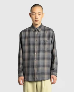 Outlet Auralee Super Light Wool Check Shirt Charcoal Grey charcoalgraycheck